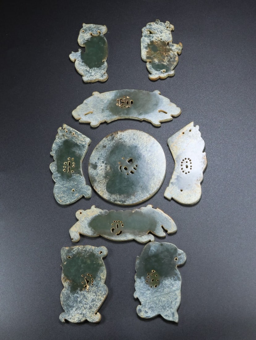 A Set Vintage Hetian Jade Hand-Carved Jade Bi Statue w Fortune Dragon - 9