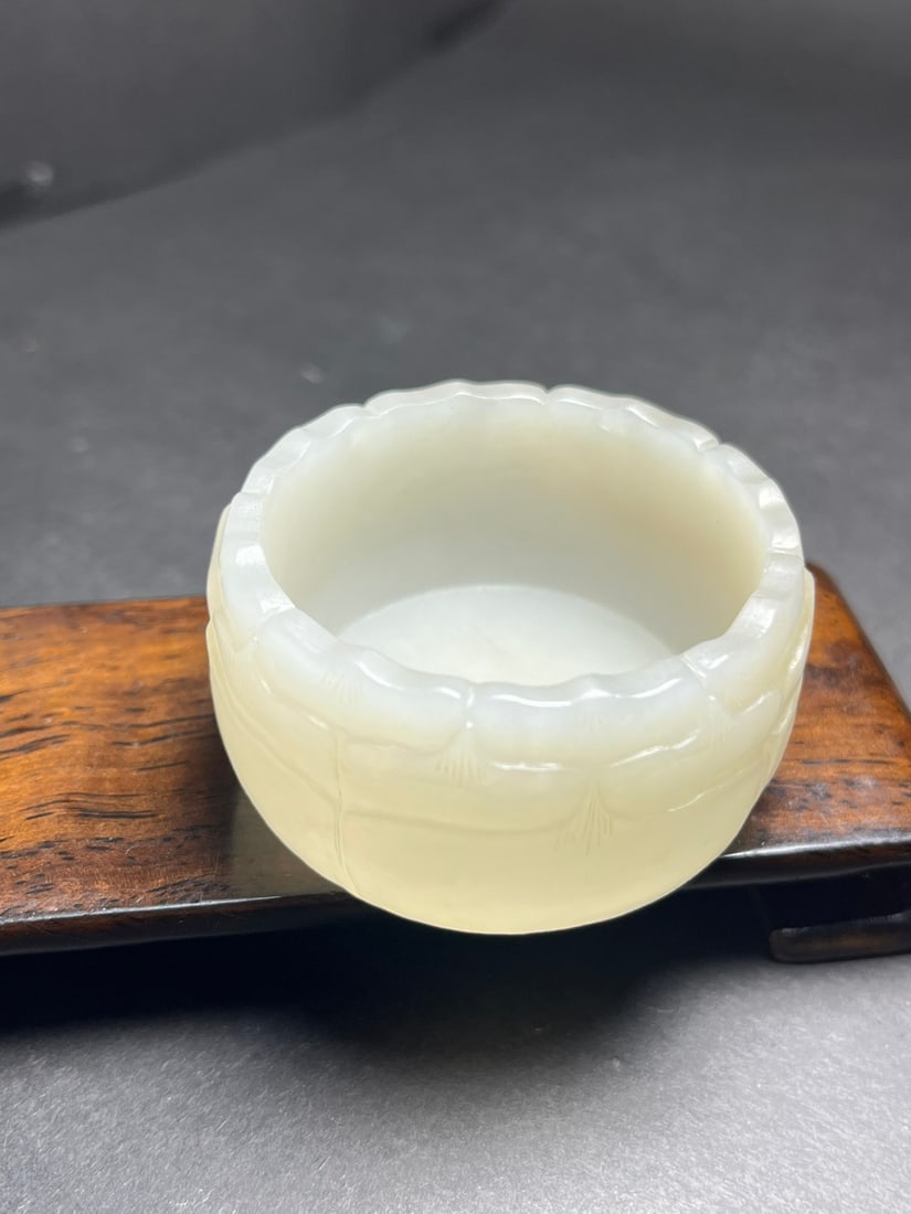 Natural Hetian Jade Hand-Carved Cup w Lotus Flower - 2