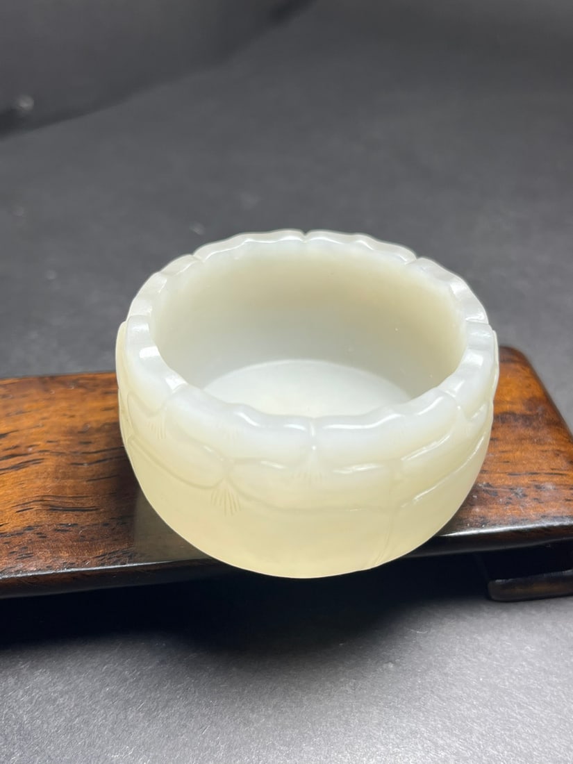 Natural Hetian Jade Hand-Carved Cup w Lotus Flower - 3