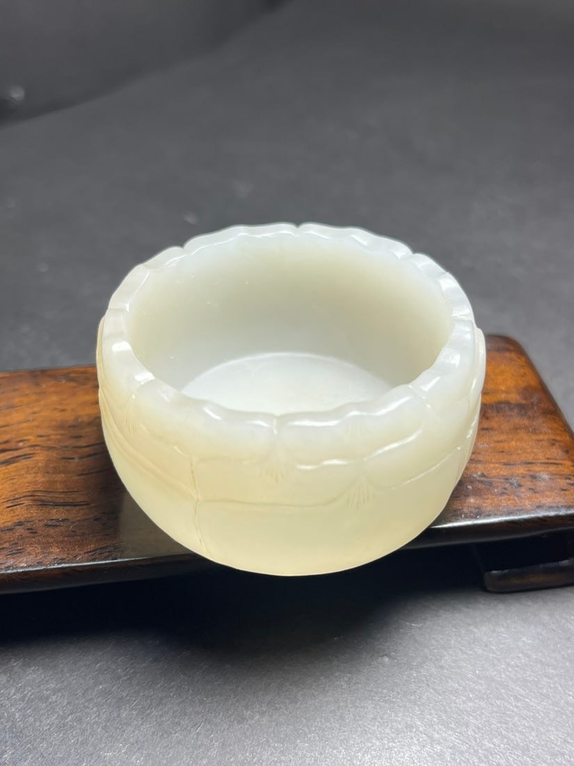 Natural Hetian Jade Hand-Carved Cup w Lotus Flower - 4