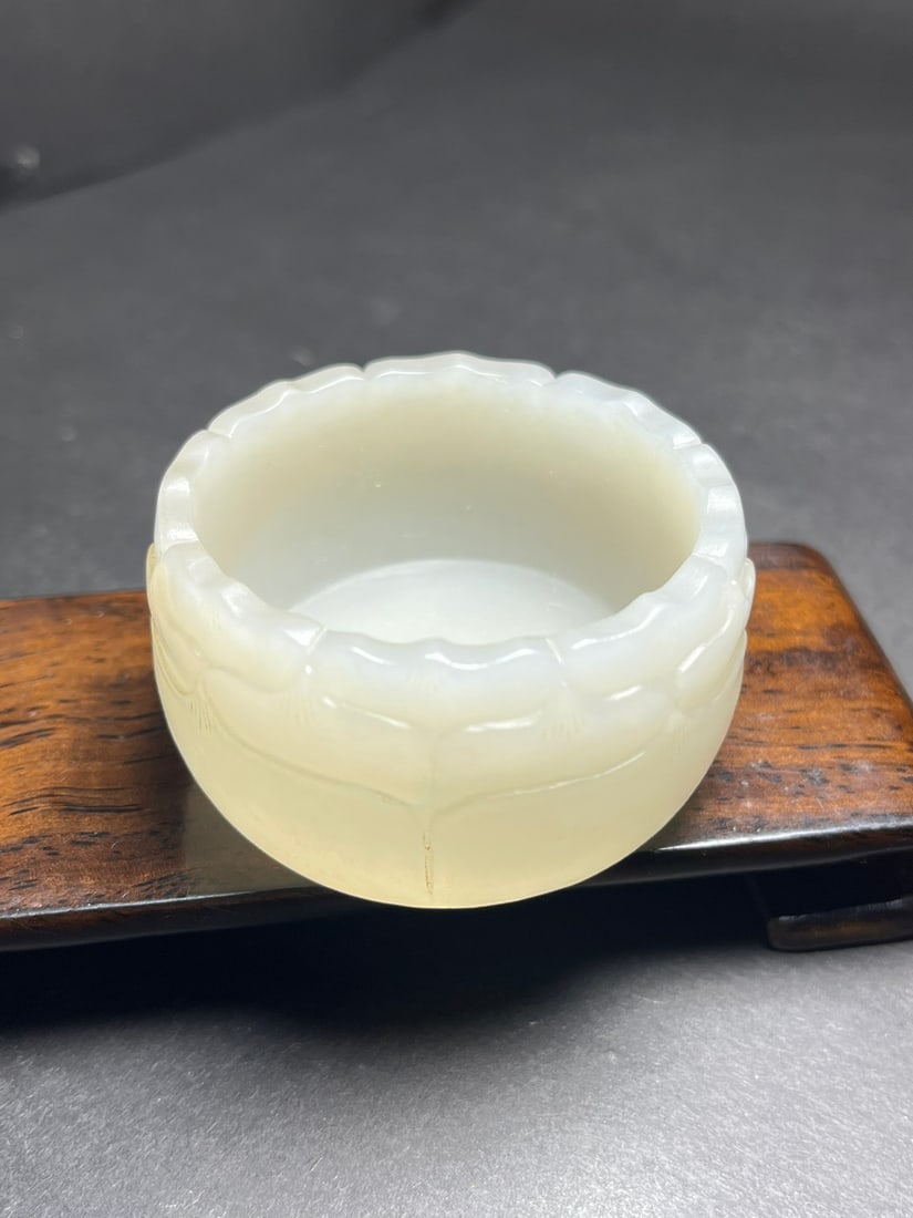 Natural Hetian Jade Hand-Carved Cup w Lotus Flower - 6