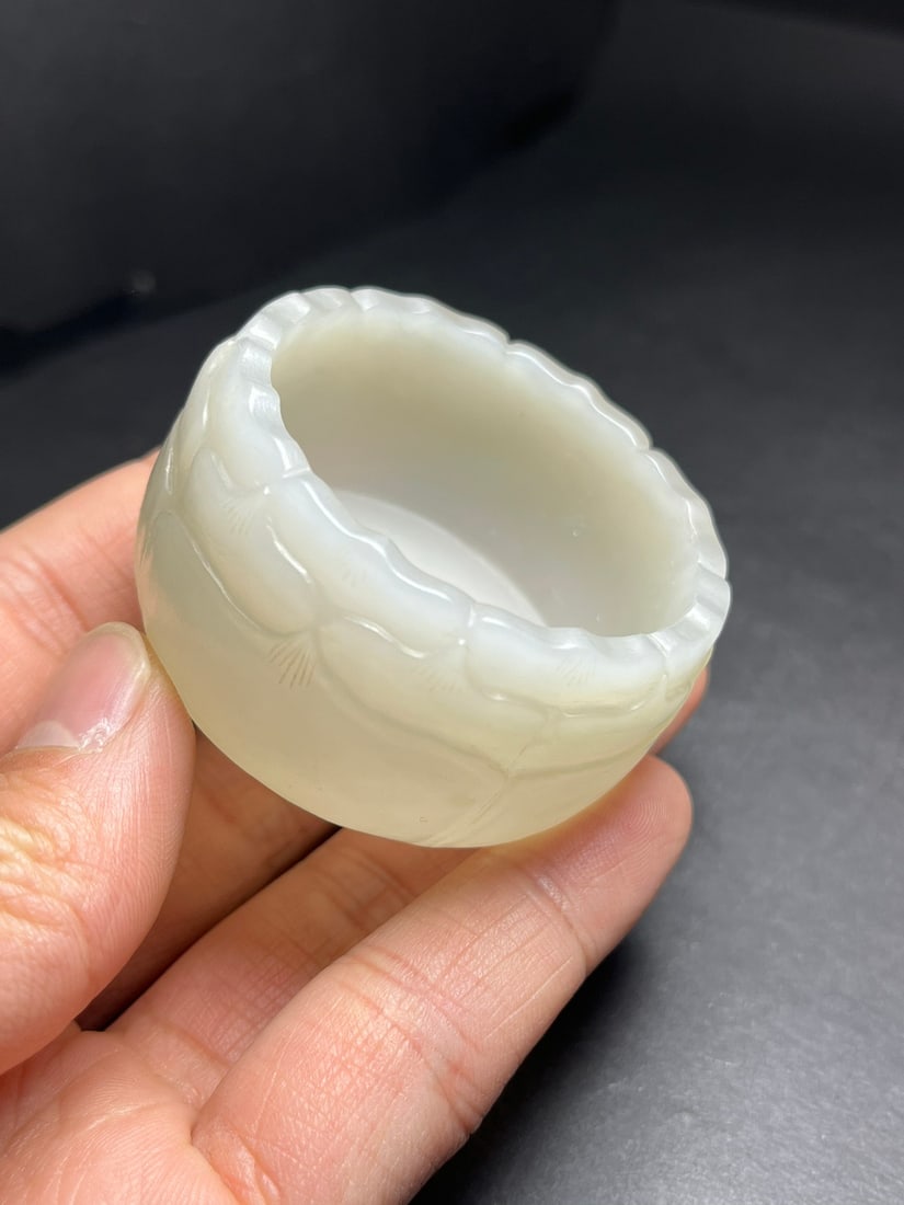 Natural Hetian Jade Hand-Carved Cup w Lotus Flower - 8