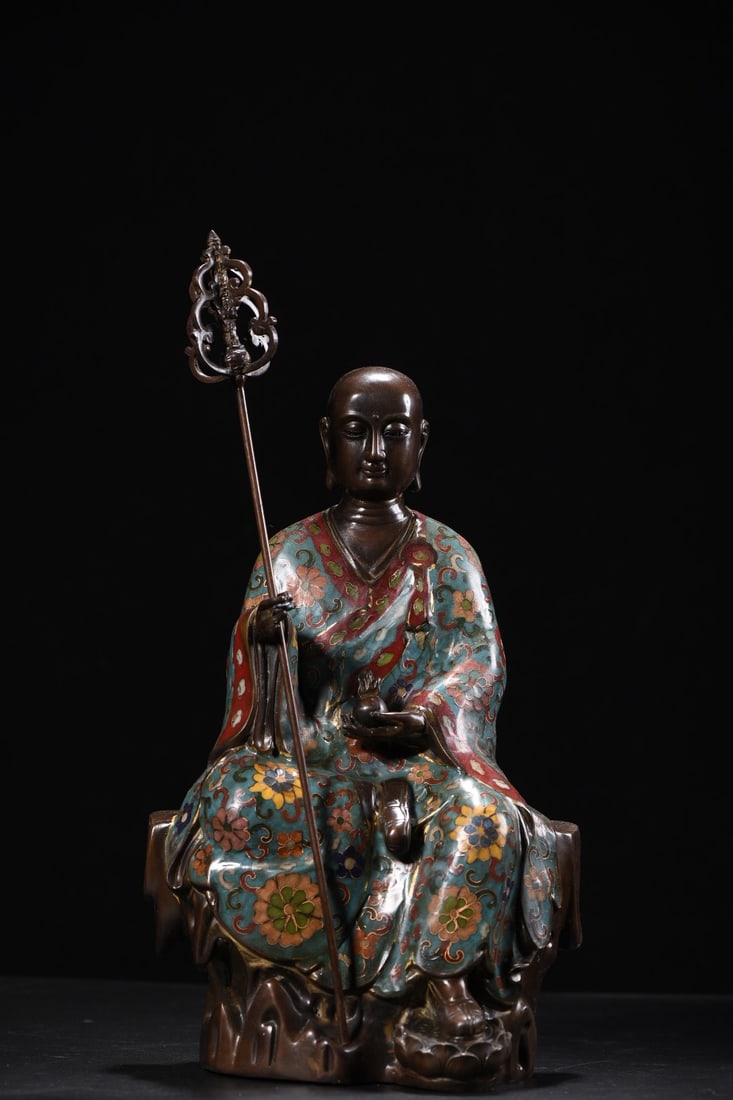 Vintage Copper Cloisonne Buddha Statue w Ksitigarbha: Title: Vintage Copper Cloisonne Buddha Statue w Ksitigarbha Origin: Chinese Date/Period: After1900 Materials: Copper Cloisonne Dimensions: 320 x 210 x 140 (mm)12.60 x 8.27 x 5.51 (inches) Weight: