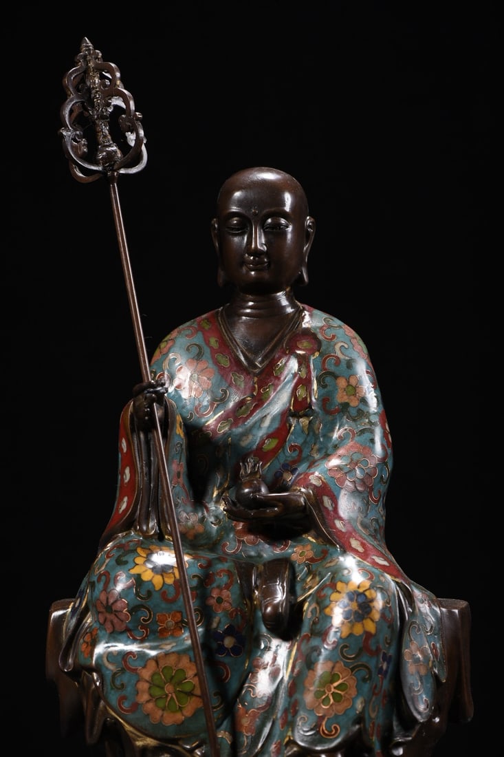 Vintage Copper Cloisonne Buddha Statue w Ksitigarbha - 2