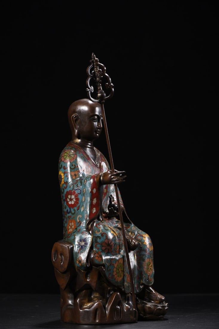Vintage Copper Cloisonne Buddha Statue w Ksitigarbha - 6