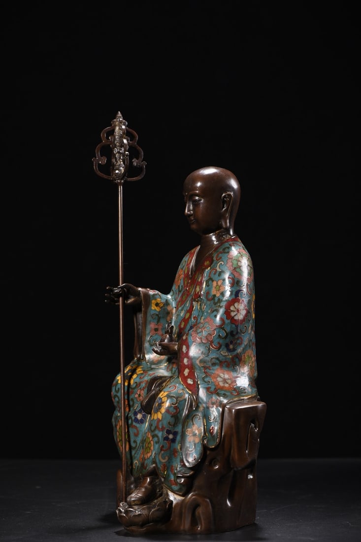 Vintage Copper Cloisonne Buddha Statue w Ksitigarbha - 8