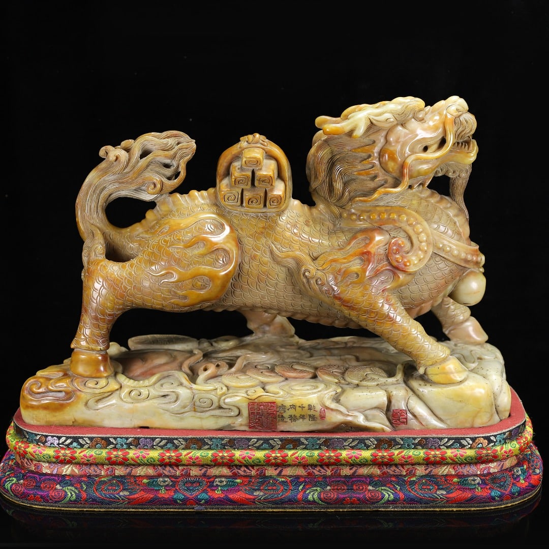 Vintage Tianhuang Shoushan Stone Hand-Carved Divine Beast Statue w Kylin (1 of 10)