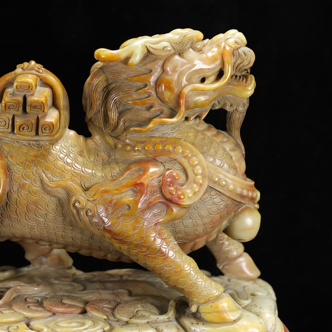 Vintage Tianhuang Shoushan Stone Hand-Carved Divine Beast Statue w Kylin - 2