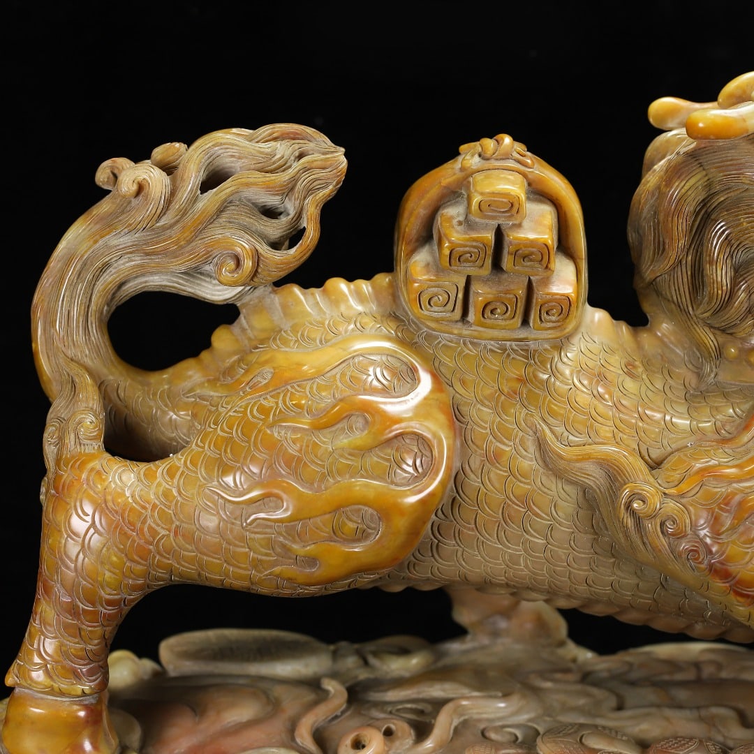 Vintage Tianhuang Shoushan Stone Hand-Carved Divine Beast Statue w Kylin - 3