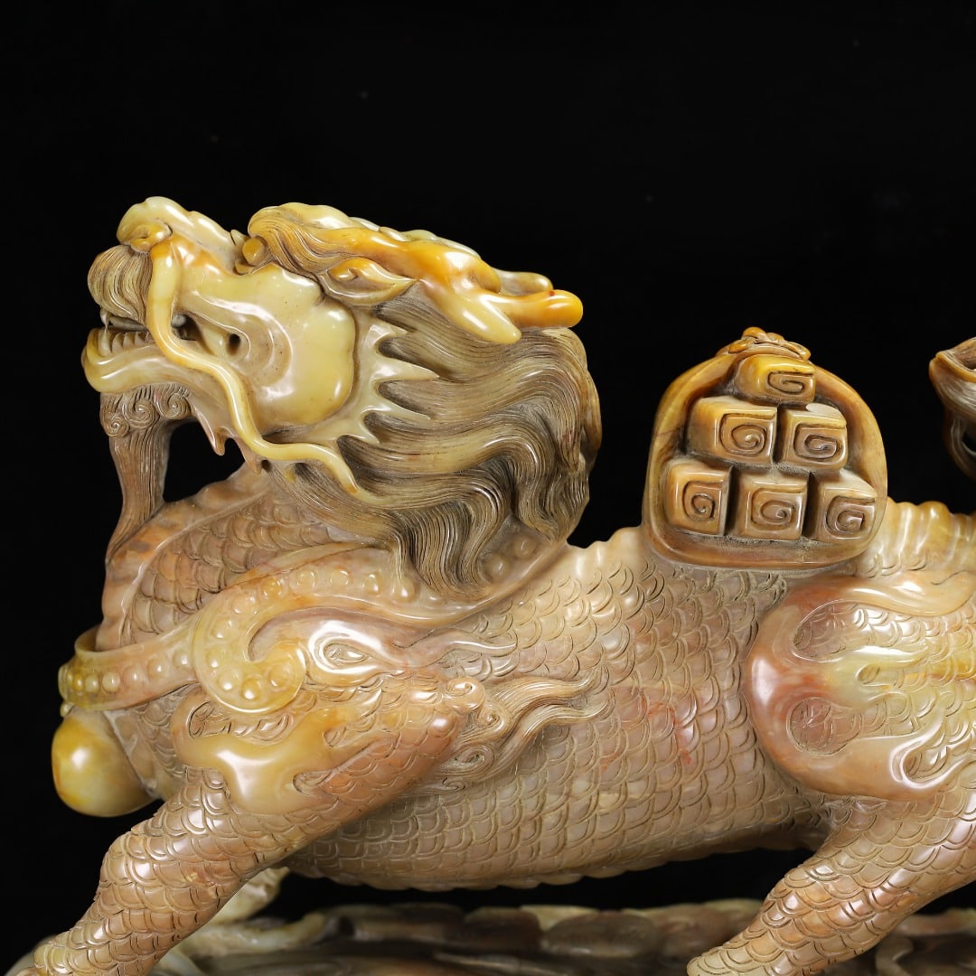 Vintage Tianhuang Shoushan Stone Hand-Carved Divine Beast Statue w Kylin - 8