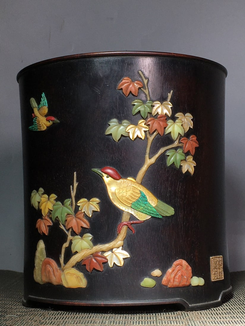 Vintage Zitan Wood Inlay Shoushan Stone Brush Pot w Plum Flower & Magpie (1 of 9)