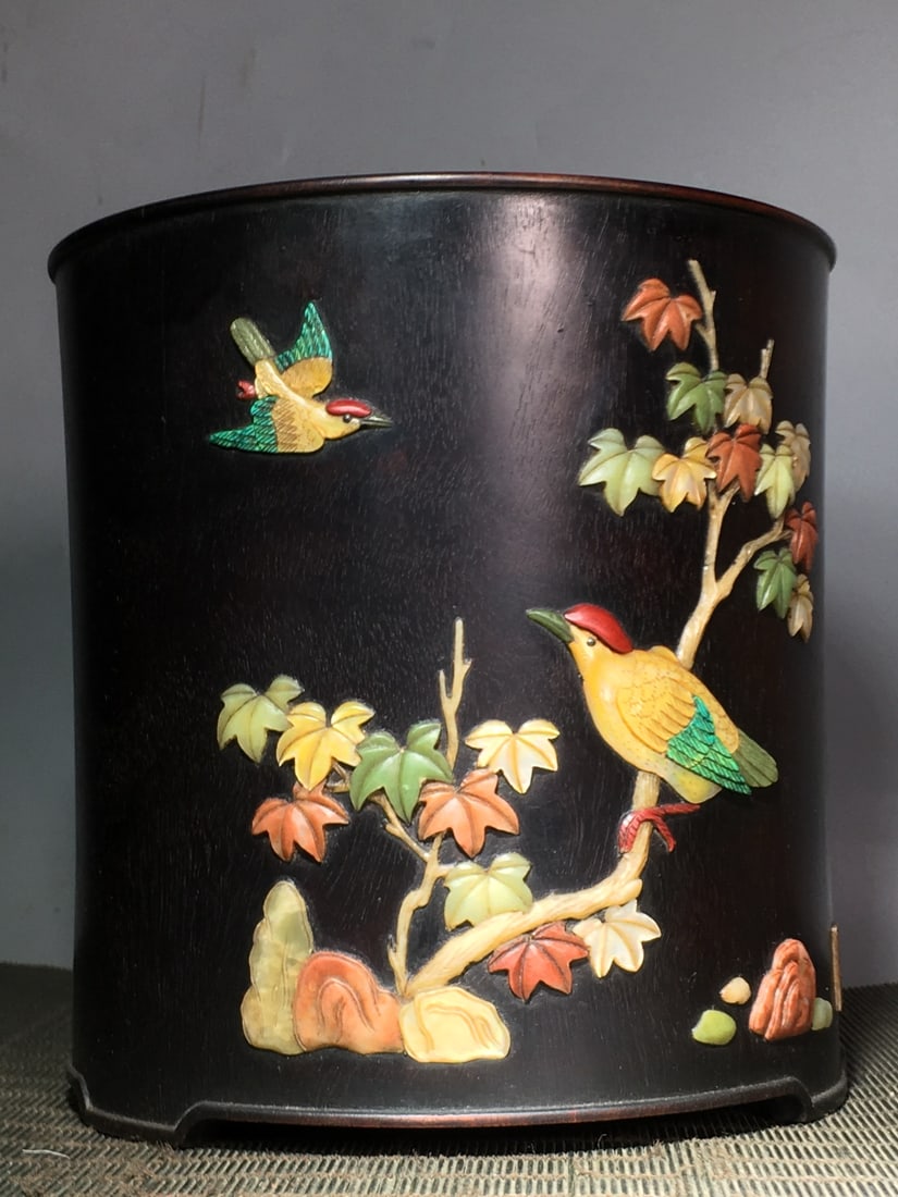 Vintage Zitan Wood Inlay Shoushan Stone Brush Pot w Plum Flower & Magpie - 2