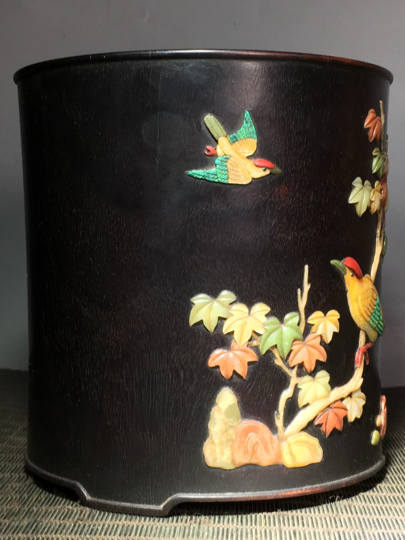 Vintage Zitan Wood Inlay Shoushan Stone Brush Pot w Plum Flower & Magpie - 3