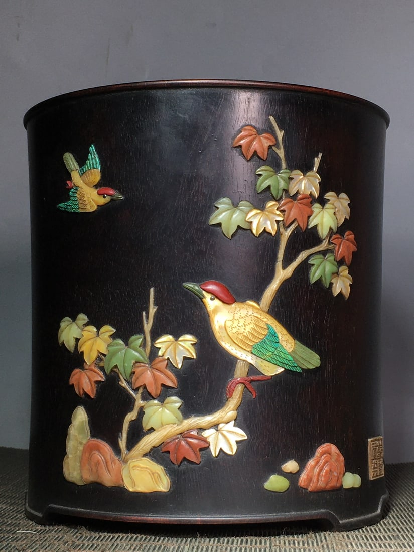 Vintage Zitan Wood Inlay Shoushan Stone Brush Pot w Plum Flower & Magpie - 4