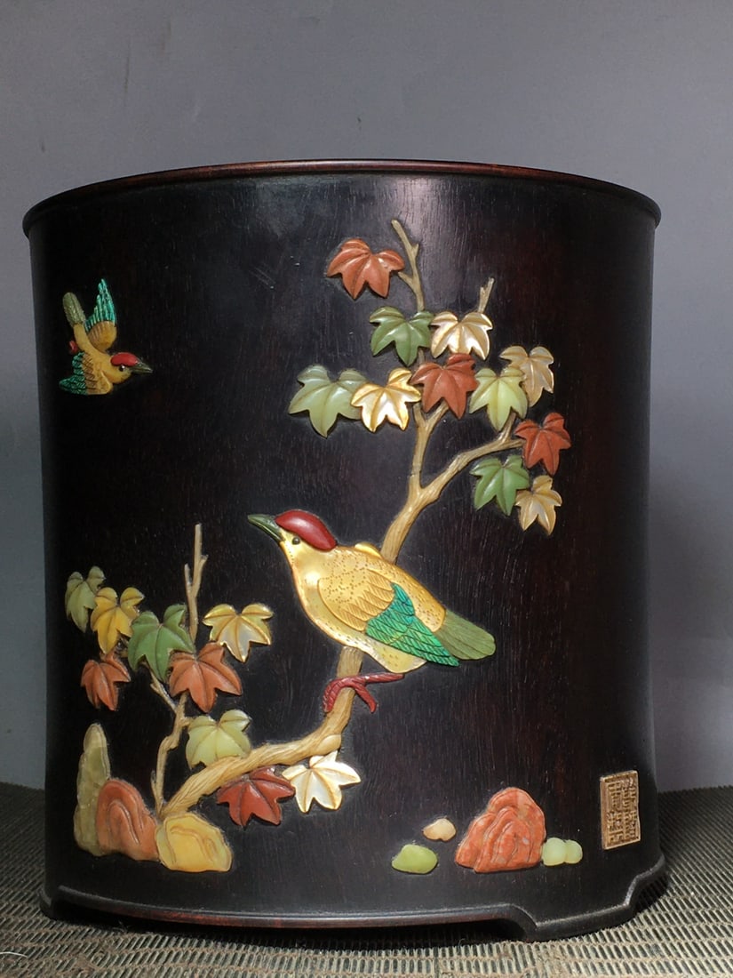 Vintage Zitan Wood Inlay Shoushan Stone Brush Pot w Plum Flower & Magpie - 5