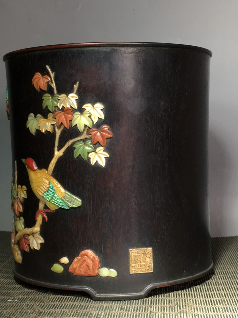 Vintage Zitan Wood Inlay Shoushan Stone Brush Pot w Plum Flower & Magpie - 6