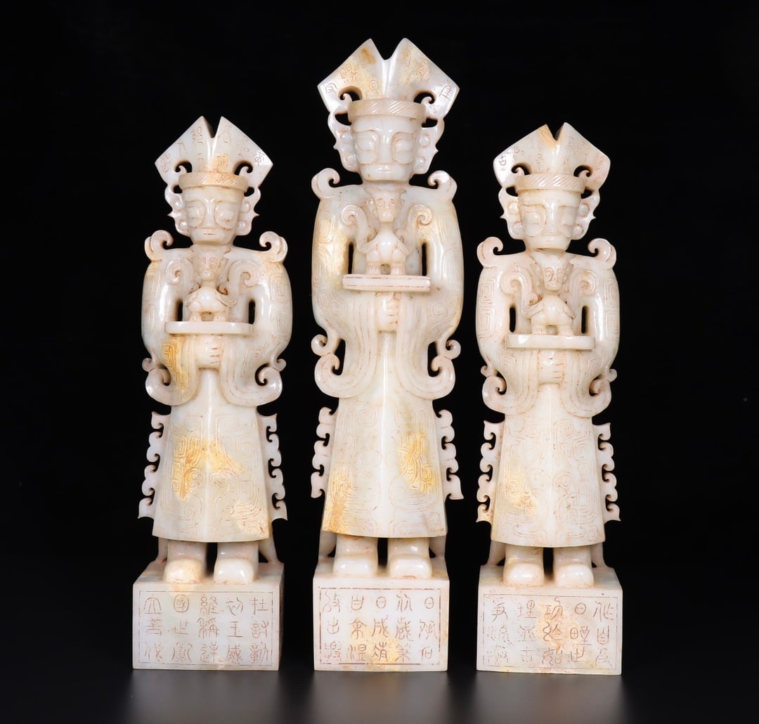 A Set Vintage Hetian Jade Hand-Carved Statue w Figure (1 of 9)