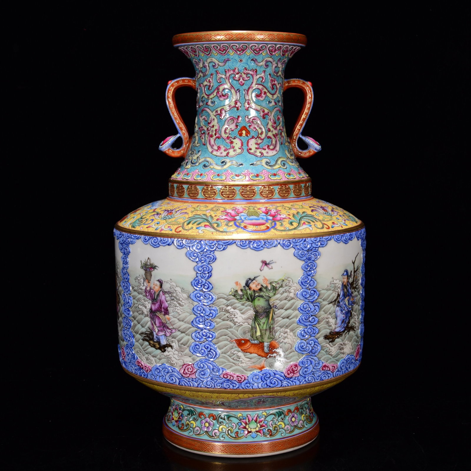 Porcelain Vase Gilt Gold Famille Rose Enamel w Eight Taoism Deity ,Qing Dynasty QianLong Mark (1 of 9)