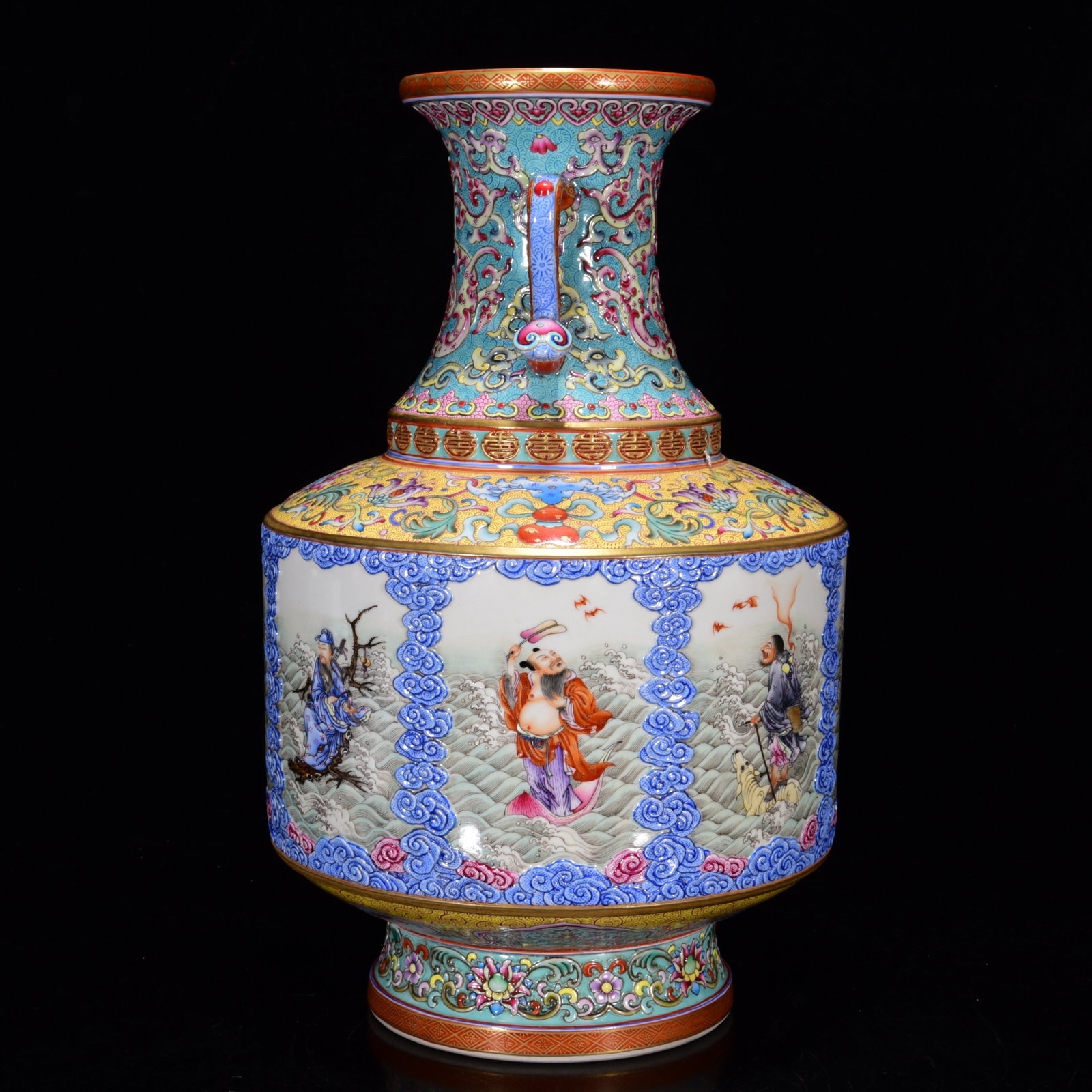 Porcelain Vase Gilt Gold Famille Rose Enamel w Eight Taoism Deity ,Qing Dynasty QianLong Mark - 2