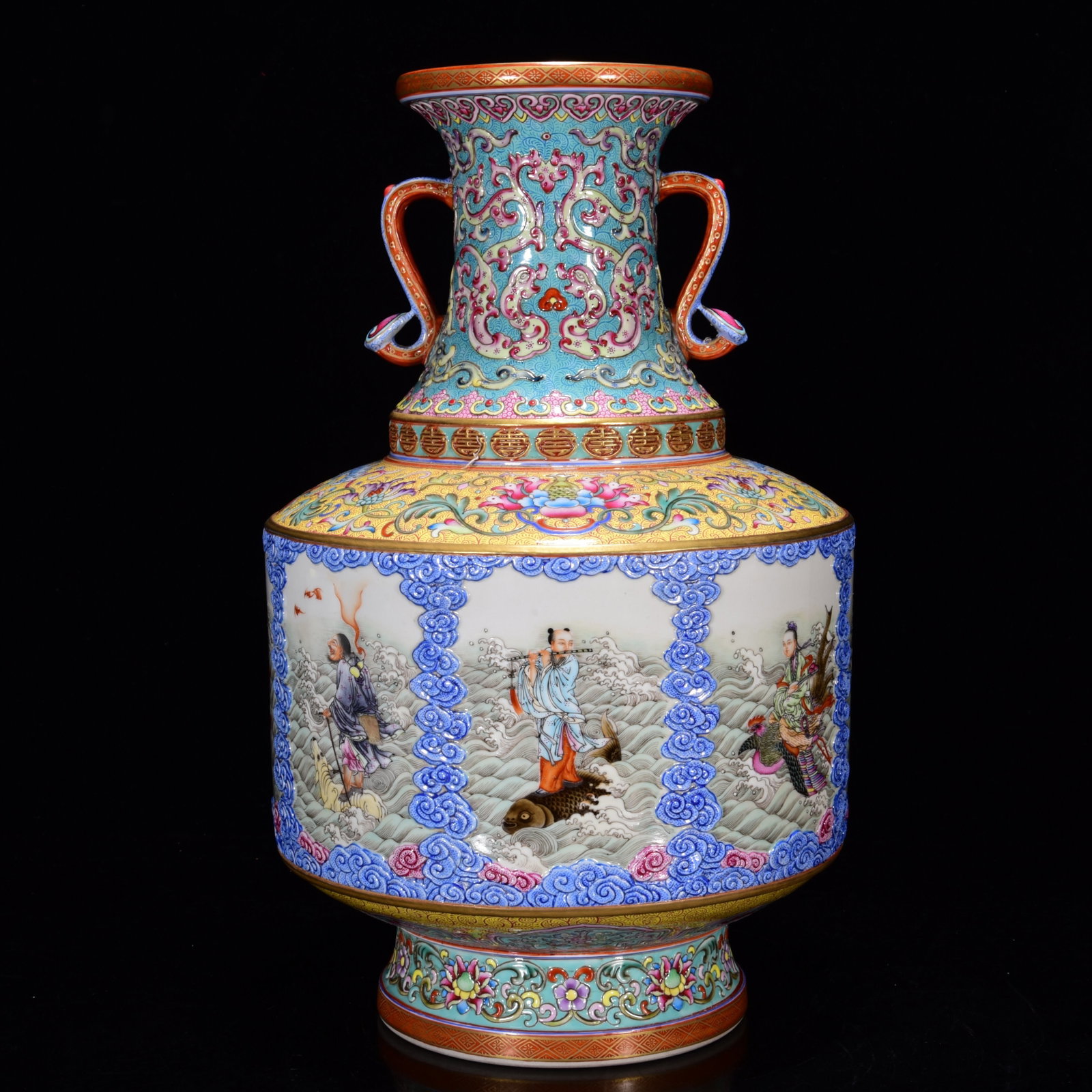 Porcelain Vase Gilt Gold Famille Rose Enamel w Eight Taoism Deity ,Qing Dynasty QianLong Mark - 3