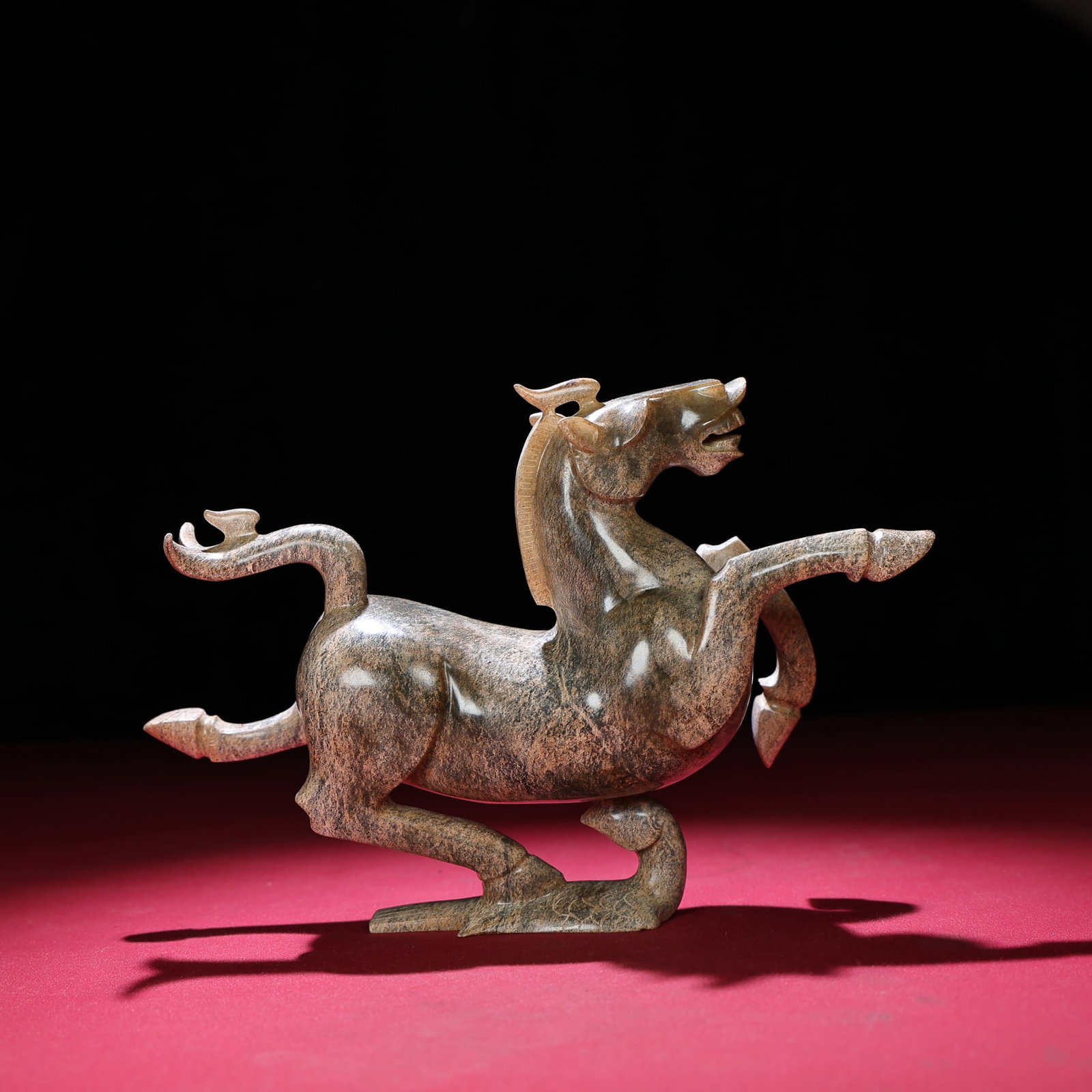 Vintage Hetian Jade Hand-Carved Statue w Fortune Horse: Title: Vintage Hetian Jade Hand-Carved Statue w Fortune Horse Origin: Chinese Date/Period: After1880 Materials: Hetian Jade Dimensions: 200 x 137 x 56 (mm) 7.87 x 5.39 x 2.20 (inches) Weight: 0.24