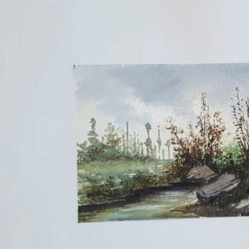 Antique Ink Original Drawing Landscape, Forest and River Artwork - 3