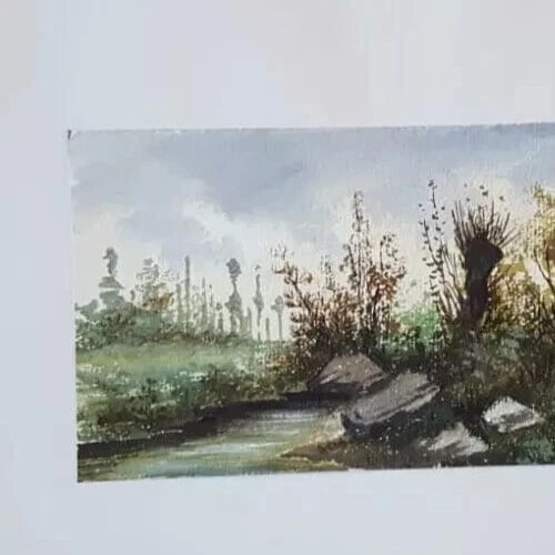 Antique Ink Original Drawing Landscape, Forest and River Artwork - 4