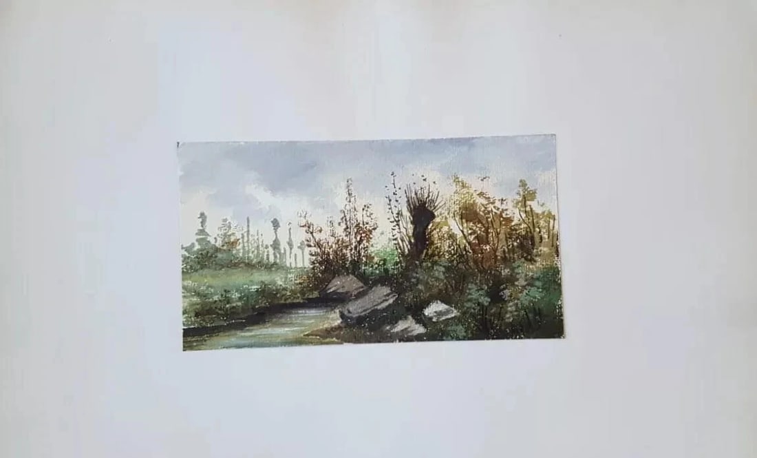 Antique Ink Original Drawing Landscape, Forest and River Artwork - 5
