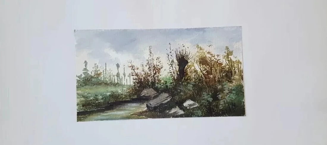 Antique Ink Original Drawing Landscape, Forest and River Artwork - 7