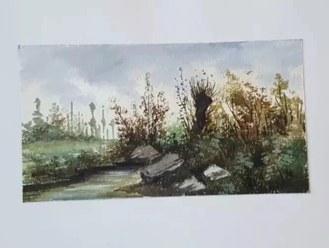 Antique Ink Original Drawing Landscape, Forest and River Artwork - 8
