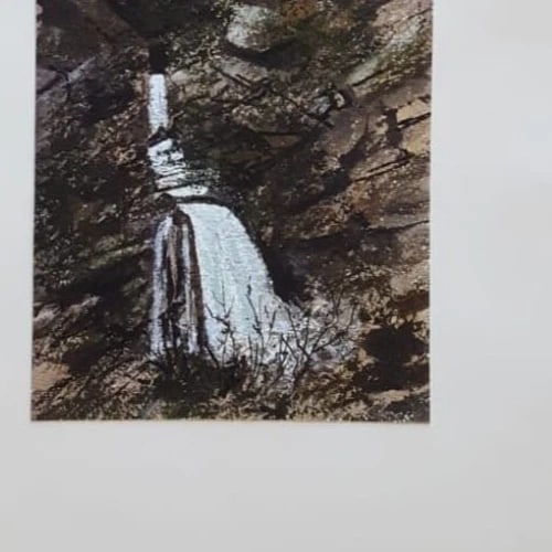 Landscape Forest Waterfall - Antique Original Drawing Artwork - 3