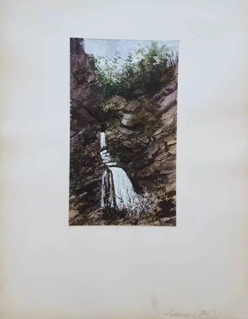 Landscape Forest Waterfall - Antique Original Drawing Artwork - 4
