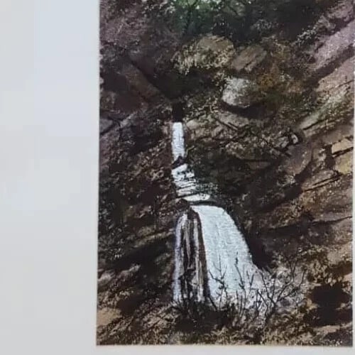 Landscape Forest Waterfall - Antique Original Drawing Artwork - 5