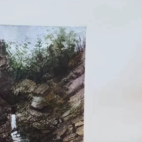 Landscape Forest Waterfall - Antique Original Drawing Artwork - 6