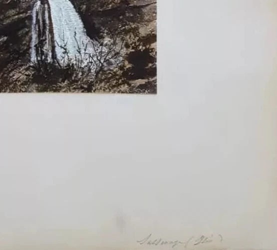 Landscape Forest Waterfall - Antique Original Drawing Artwork - 7