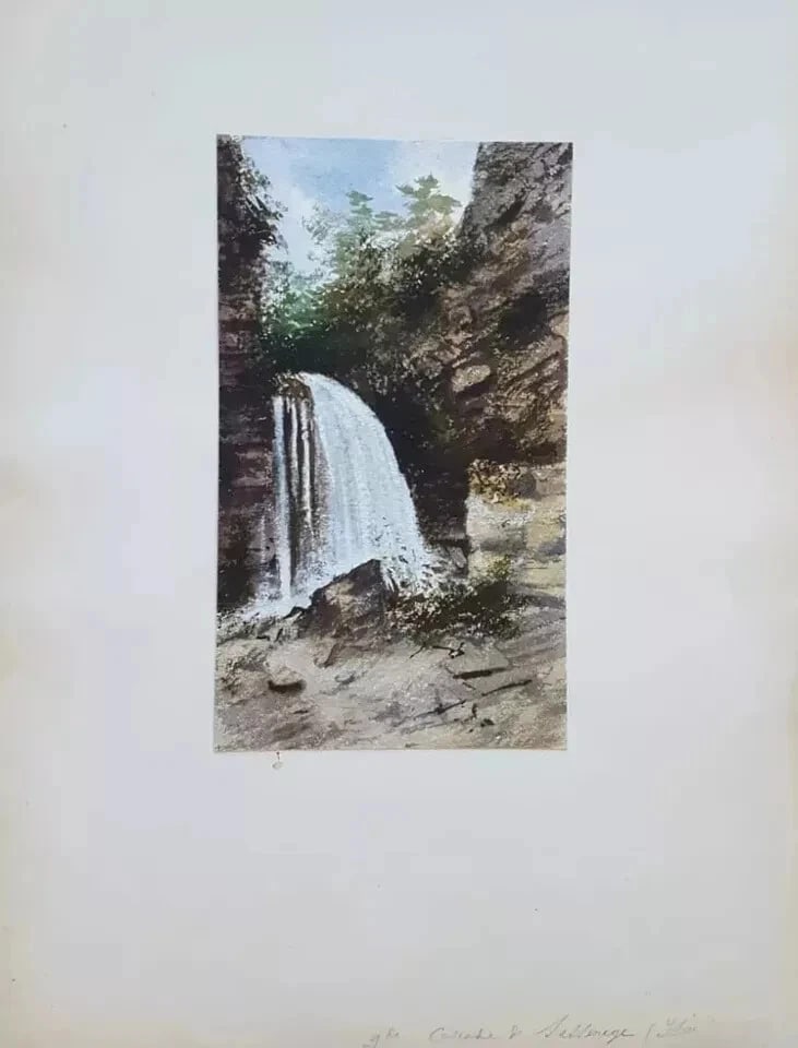 Landscape Forest Waterfall - Antique Original Drawing Artwork - 8