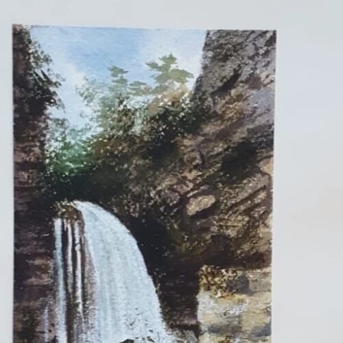 Antique Ink Original Drawing Landscape, Forest and Waterfall - 3