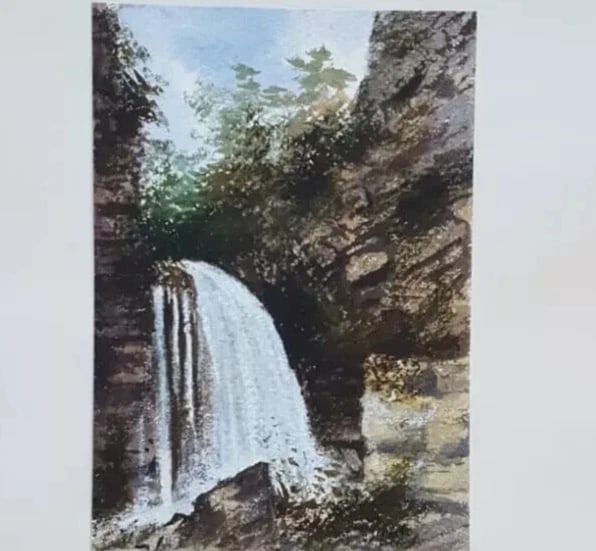 Antique Ink Original Drawing Landscape, Forest and Waterfall - 7