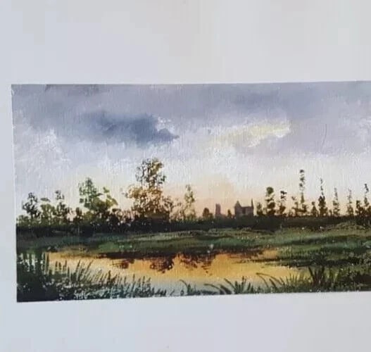 Antique Ink Original Drawing Landscape, Forest and Sunset Artwork - 4