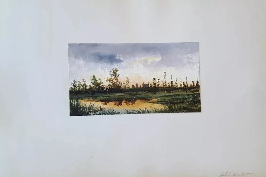 Antique Ink Original Drawing Landscape, Forest and Sunset Artwork - 5