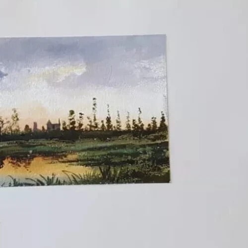Antique Ink Original Drawing Landscape, Forest and Sunset Artwork - 6