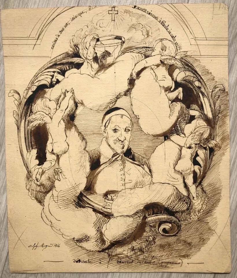 Dominique Antoine MAGAUD (1817-1899) St Vincent de Paul Antique Original Drawing - 2