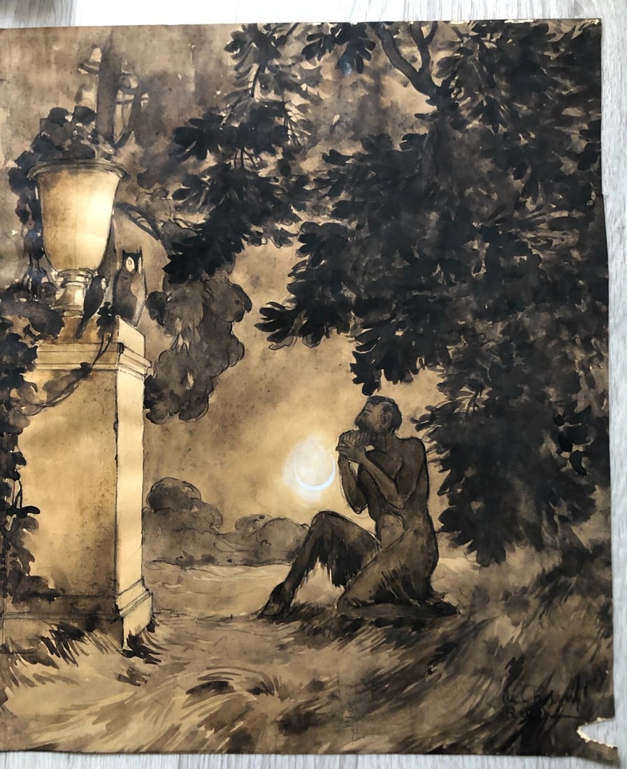 Pan Forest Night Moon - Drawing Original Antique - 2