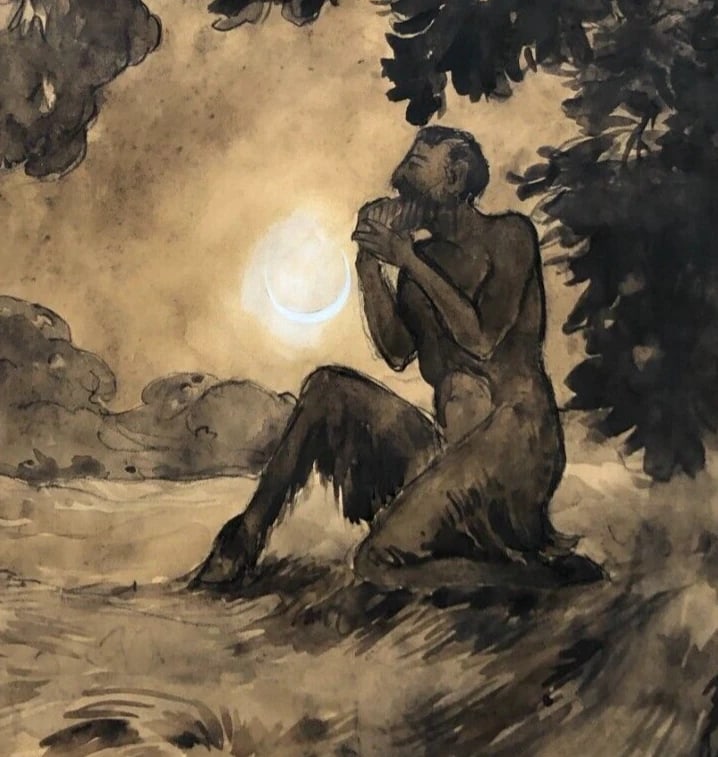 Pan Forest Night Moon - Drawing Original Antique - 3