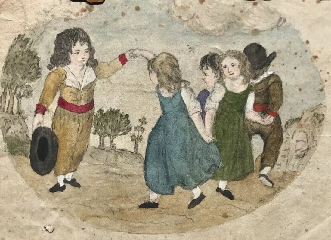 Original Antique Pencil 19th century Drawing Children, People Dancing Artwork: Watercolor on paper 22 x 17 cm stains, folds, tears Reserve: $150.00 Shipping: Domestic: Flat-rate of $19.00 to anywhere within the contiguous U.S. International: Foreign shipping rates are