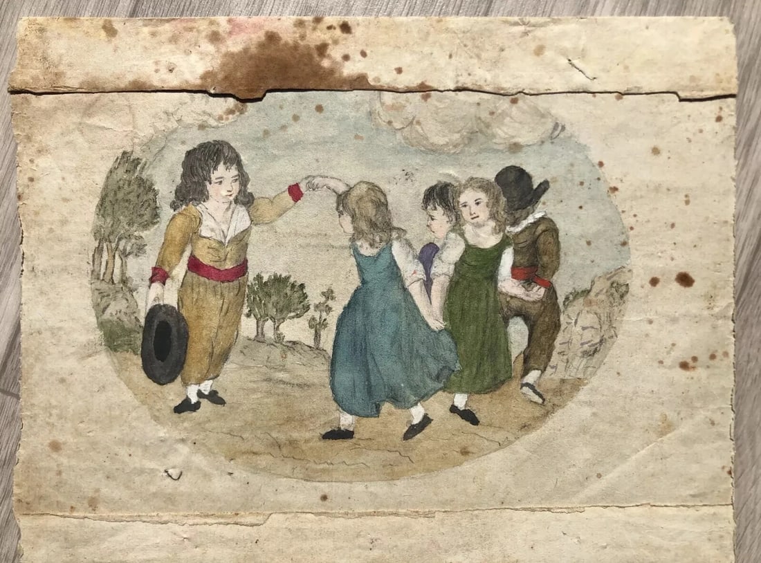 Original Antique Pencil 19th century Drawing Children, People Dancing Artwork - 2