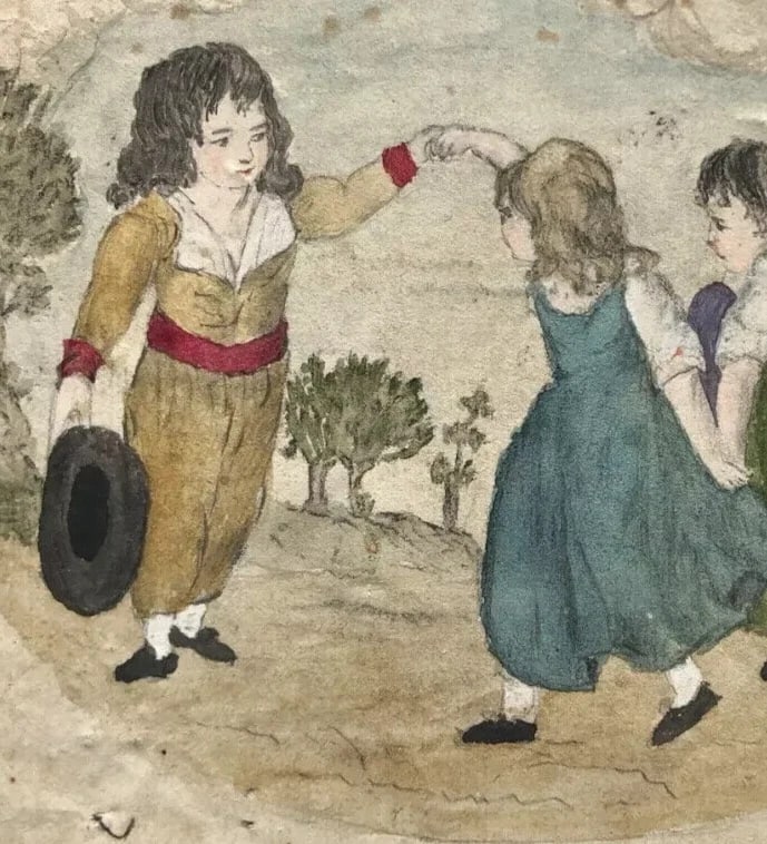Original Antique Pencil 19th century Drawing Children, People Dancing Artwork - 4