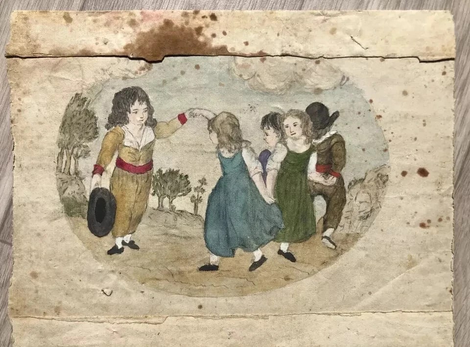 Original Antique Pencil 19th century Drawing Children, People Dancing Artwork - 8