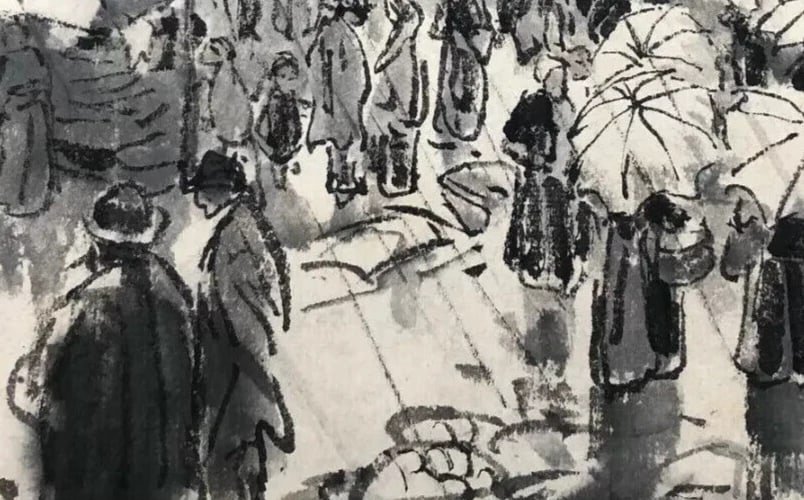 People, Rain By Jules CHADEL (1870-1942) Umbrellas - Antique Drawing - 3