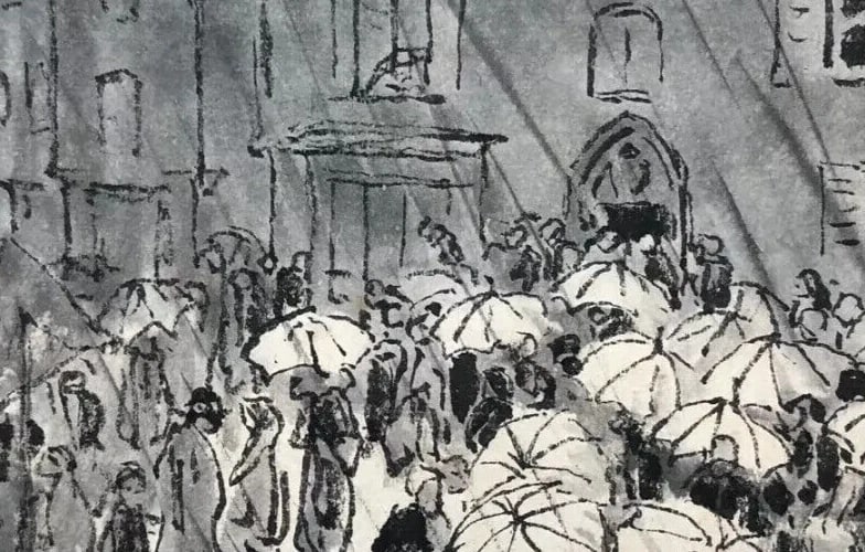 People, Rain By Jules CHADEL (1870-1942) Umbrellas - Antique Drawing - 4